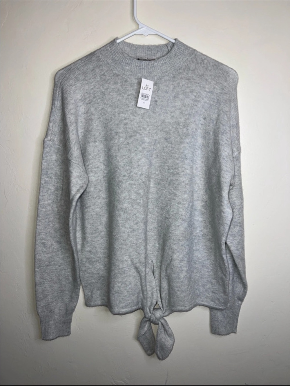 LOFT Light Gray Tie-Hem Crewneck Sweater